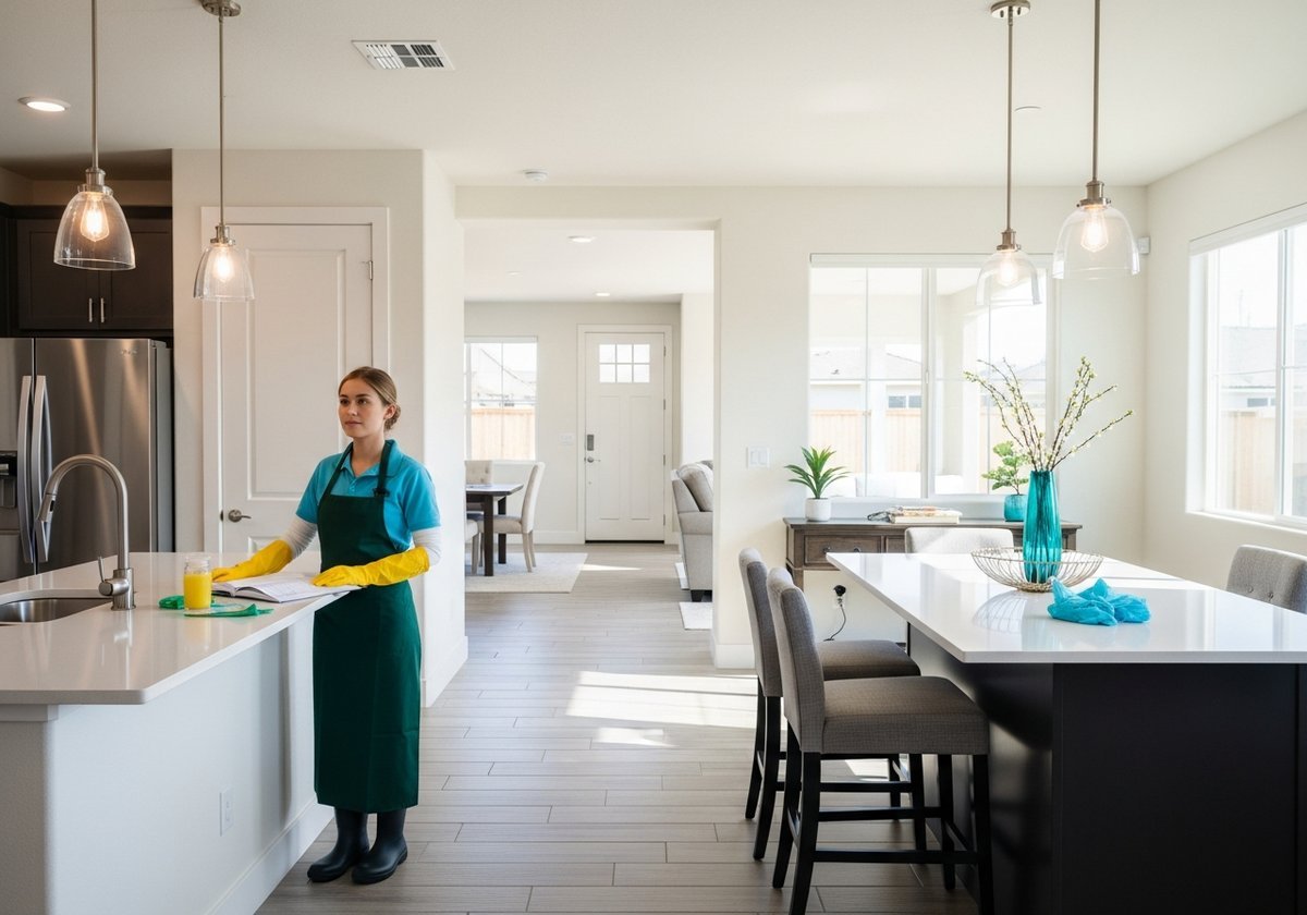 Professional cleaner scrubbing kitchen counters in a large Del Rio estate during a move-out cleaning.
