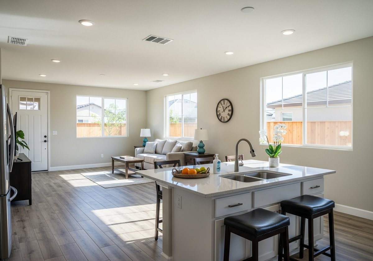 Professional cleaner performing move-out cleaning in a Lathrop home, focusing on a spotless kitchen in Mossdale Landing.