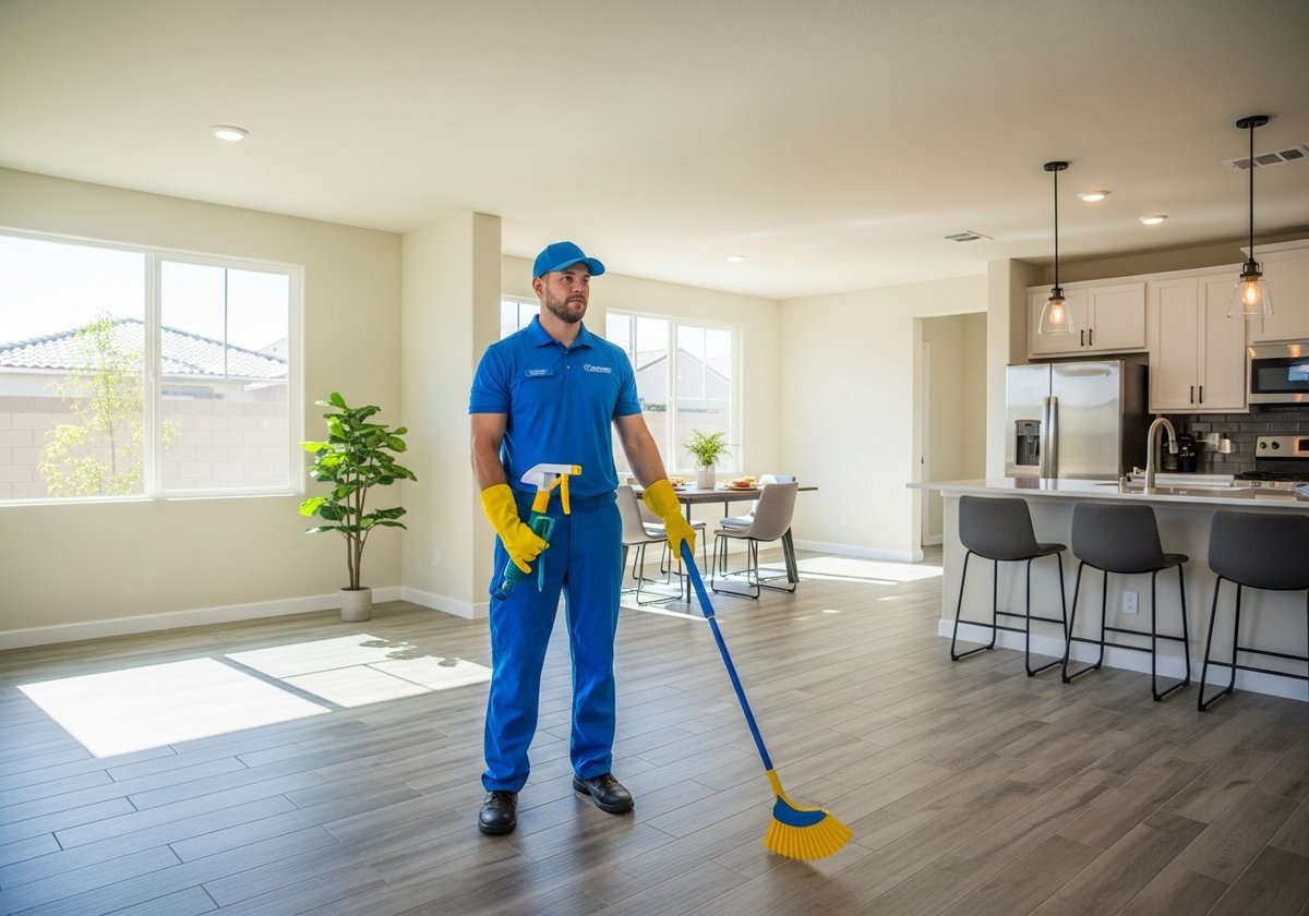 Professional cleaner performing move-out cleaning in a Manteca home