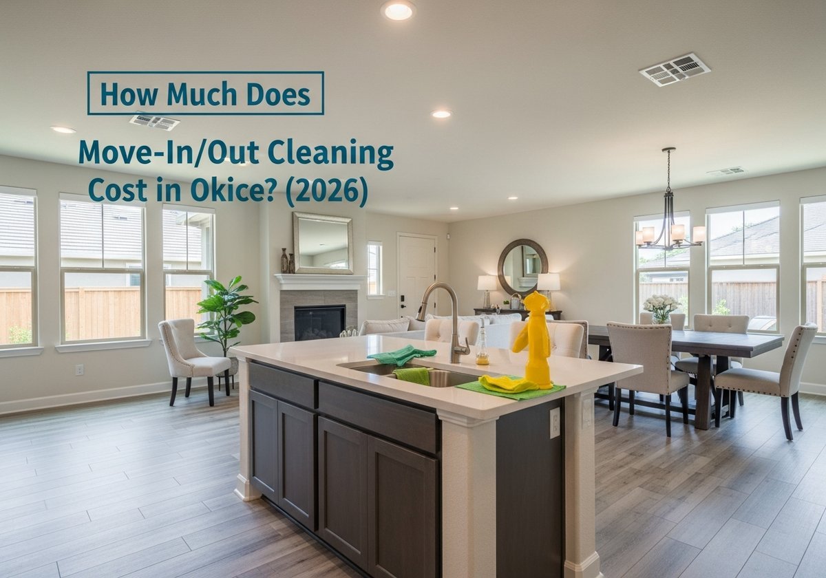 Professional cleaner performing move-out cleaning in an Oakdale ranch-style home