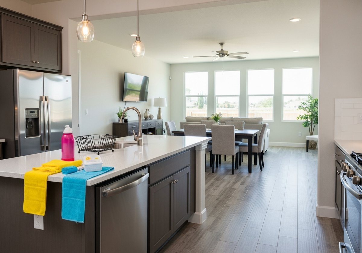 Professional cleaner preparing a Salida home for move-in with a spotless kitchen finish