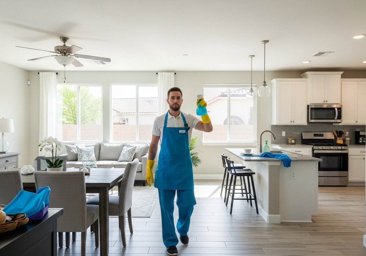 Professional cleaner scrubbing a kitchen in a Turlock rental during move-out cleaning