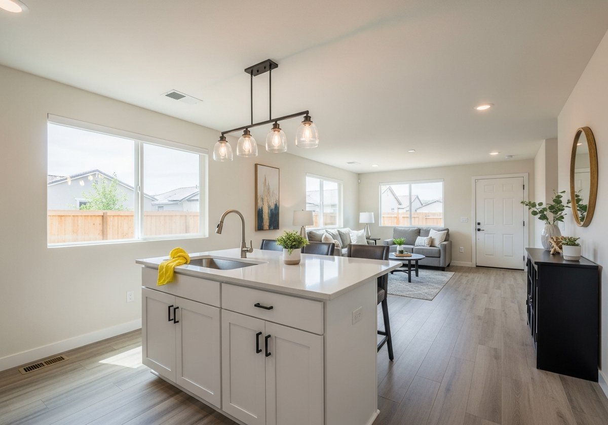 Post construction cleaner wiping down surfaces in a newly built home in Ceres, CA