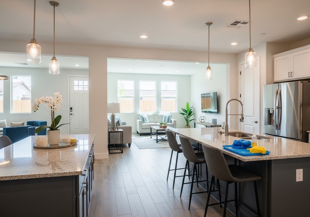 Professional cleaner performing post construction cleaning in a new home in Manteca