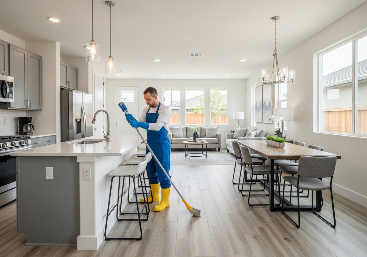 Professional cleaner removing dust from a newly renovated home in Oakdale, CA.