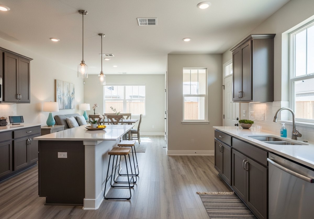 Professional cleaner tackling post-construction dust and debris in a new Turlock home